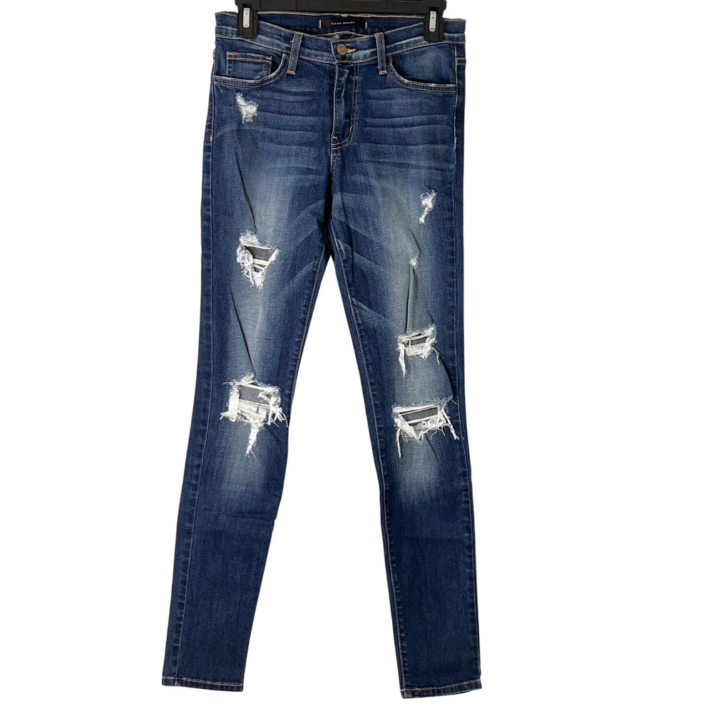 Flying Monkey Women Mid Rise Distress Dark Blue Denim Skinny Jeans Grunge Emo 27